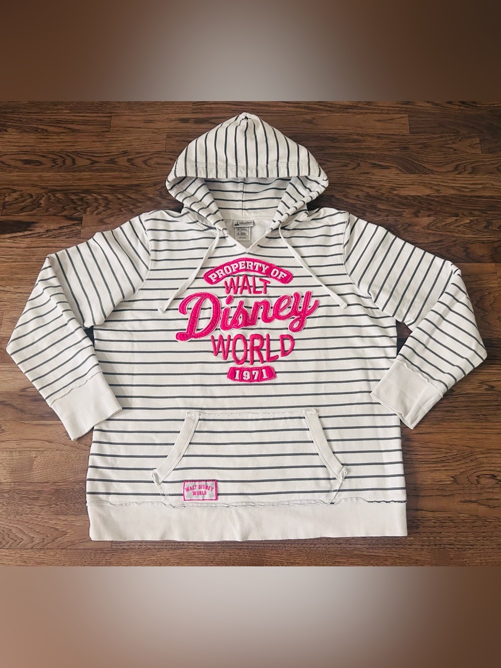 Disney White Striped Hoodie Sweater with Pink Logo